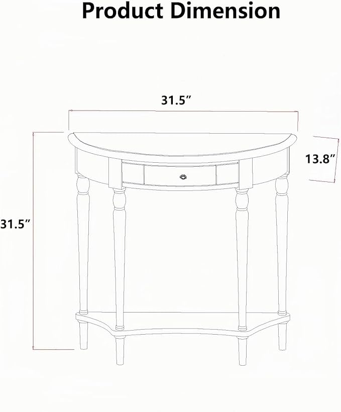 Solid Wood Console Table with Drawer, Semi-Circle Entryway Storage Shelf, Half-Moon Porch Table Side Elegant Vintage Sofa for Living Room (White (31.5" L x 13.8" W x 31.5" H))