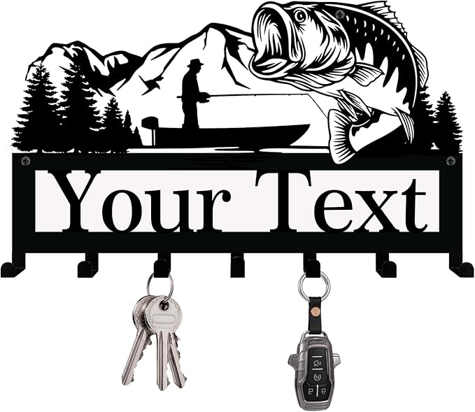 NIWAHO Personalized Family Name Metal Wall Sign with Hooks – Bass Fishing Key Rack Holder Wall Mount Customized Name for Entryway, Mudroom, Kitchen, or Bathroom Decor
