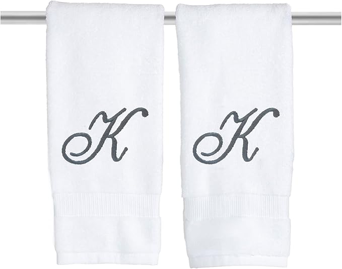 White Monogrammed Hand Towels for Bathroom - Luxury Hotel Quality Personalized Initial Embroidered Towel for Powder Room, Spa - GOTS Organic Certified - Set of 2 Dark Gray Letter K