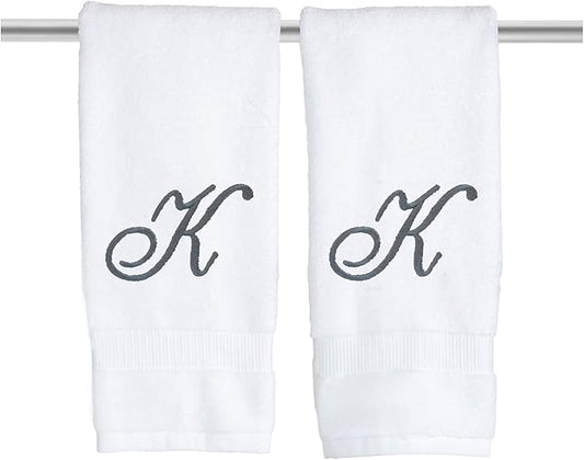 White Monogrammed Hand Towels for Bathroom - Luxury Hotel Quality Personalized Initial Embroidered Towel for Powder Room, Spa - GOTS Organic Certified - Set of 2 Dark Gray Letter K