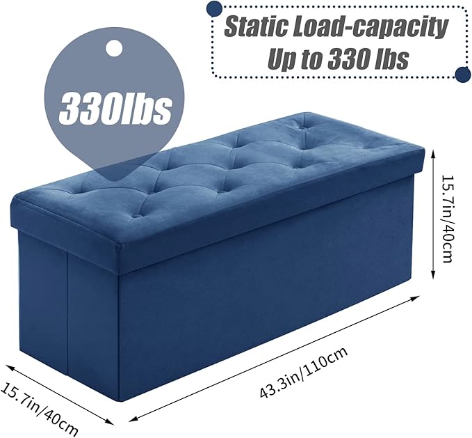 BRIAN & DANY 43 Inches Ottoman with Storage, Velvet Storage Ottoman Bench, End of Bed Benches, Folding Ottomans for Bedroom, Living Room and Entryway (Blue)