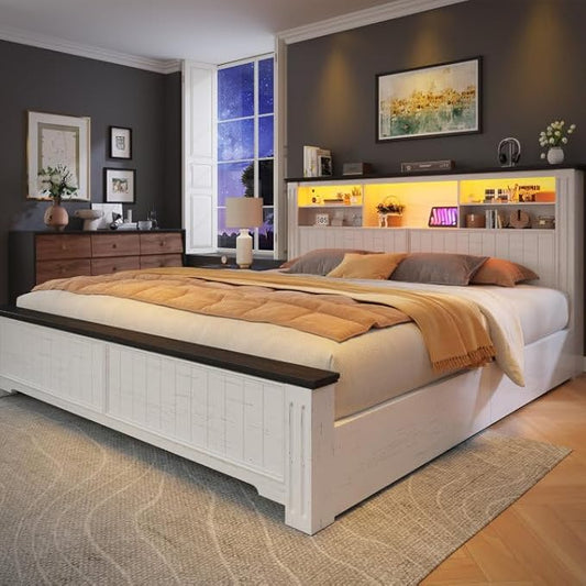 EnHomee King Bed Frame and Headboard, King Size Bed Frame with 4 Storage Drawers, King Bed with LED Lights & Charging Ports,No Box Spring Needed,NO Noise,Wooden, White