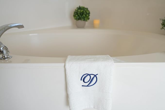 White Monogrammed Hand Towels for Bathroom - Luxury Hotel Quality Personalized Initial Embroidered Towel for Powder Room, Spa - GOTS Organic Certified - Set of 2 Navy Letter D