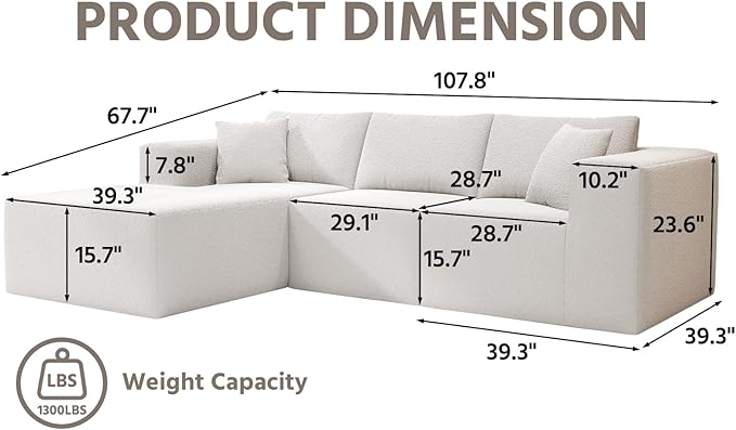 Cloud Sectional Couch with L-Shape Chaise,4 Seat Modern Modular Sofa with Deep Seat (White, 108"+Left Facing Chaise)