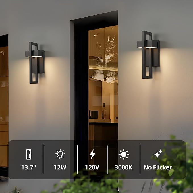 tewei LED Outdoor Wall Sconce Modern Exterior Lighting Fixtures, Matte Black Outdoor Front Porch Lights LED Outside Wall Mount Lights for House, Hallway, Warm White 3000K, 2 Pack