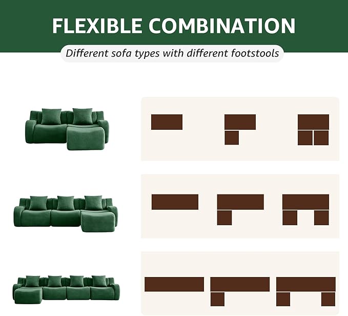 Green Modular Cloud Couch Loveseat with 2 Ottomans, Modern Teddy Fabric Boneless Sectional Sofa in a Box for Living Room, Deep Seat Floor Couch, No Assembly Required, Sofas para Sala