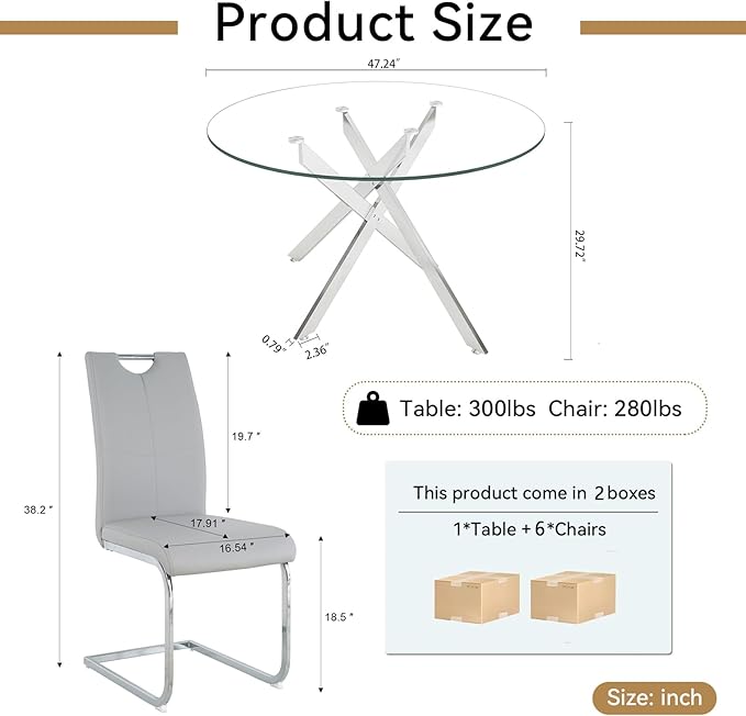 Goujxcy Round Dining Table Set for 6, Modern Glass Kitchen Table and Chairs Set of 6, 7 Piece Dining Room Table Set with 47" Circle Silver Metal Glass Dinner Table and 6 Grey Leather Dining Chairs