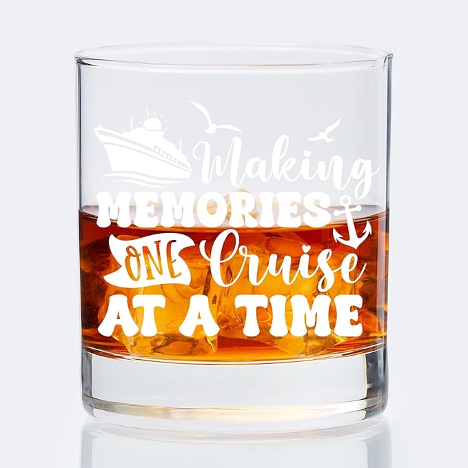 Cruise Lovers Gifts Old Fashioned Whiskey Glasses, Cruising Gifts for Traveller, Making Memories One Cruise at a Time 10 oz Rocks Barware Cup for Cocktail Drinks Scotch Bourbon Liquor