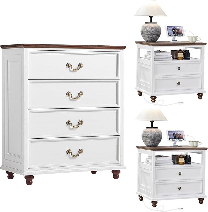 24" Wide Farmhouse Nightstand with Charging Station Set of 2, 37" Tall Rustic Chests of Drawers w/ 4 Solid Wood Feet, Farmhouse Furniture Series for Living Room,Bedroom,White