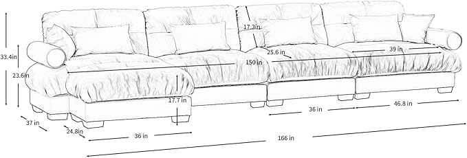 166" Oversized L Shaped Sectional Sofa, 4 Seater Modular Velvet Cloud Couch with Ottoman, Blue Large Fluffy Couch Set for Living Room