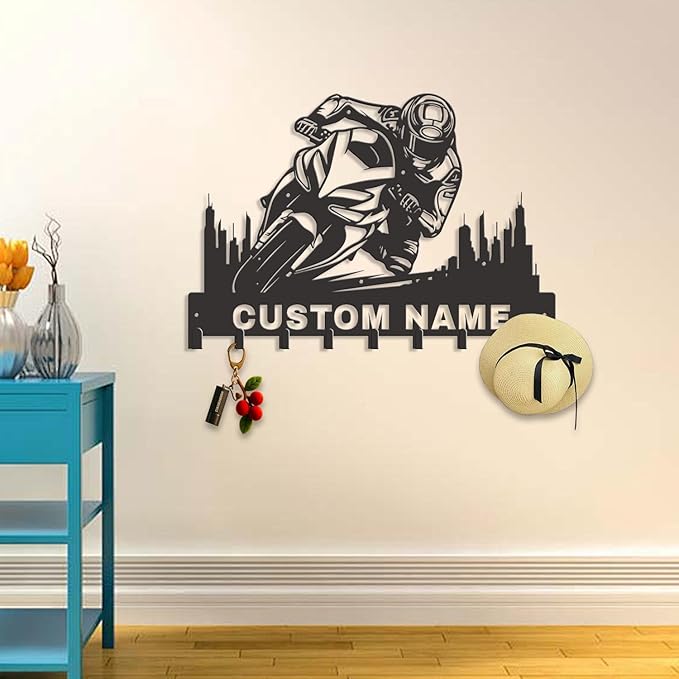 Personalized Motorcycle Metal Key Holder, Custom Last Name Metal Wall Sign, Hanging Storage Rack for Garage and Home Decor (Style-5)