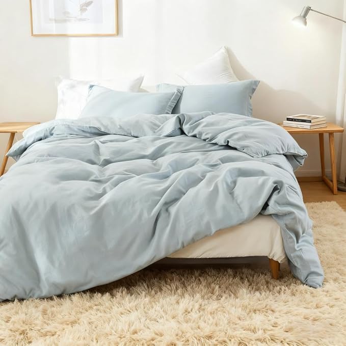 Simple&Opulence French Linen Duvet Cover Set 88" x 92"- 3 Pieces (1 Comforter Cover,2 Pillowcases)- Natural Flax Cotton Blend-Solid Color Breathable Farmhouse Bedding-Dusty Blue, Queen