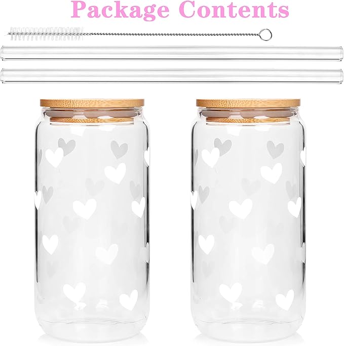 Mason Life Iced Coffee Cups, Can Shaped Glass Cups, 20 OZ Hearts Cup Beer Glass, Love Can Couple Drinking Glasses, Glass Cup with Bamboo Lids and Straws Valentines Cups Gifts- 2 Sets