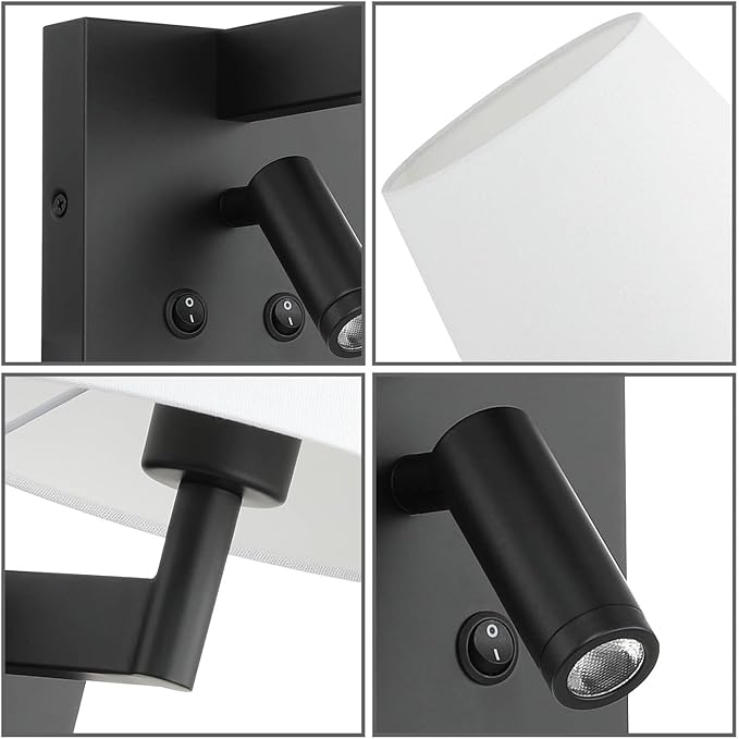 XiNBEi Lighting Hardwired Wall Sconce with LED Integrated Reading Light, Bedroom Wall Lamp with Linen Fabric Shade & On/Off Switch Modern Bedside Sconce Lighting Fixture, Matte Black XB-W468-LED-MB