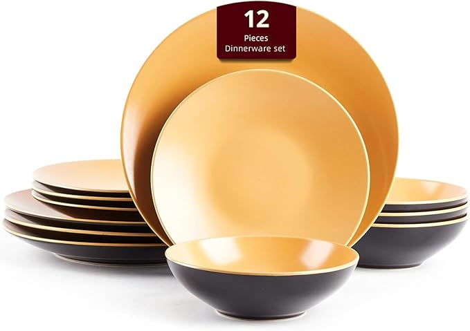 Stoneware Two-Tone Colors Life Dinner Set 12pc Set, Outside Shiny Black + Inside Matte Curry