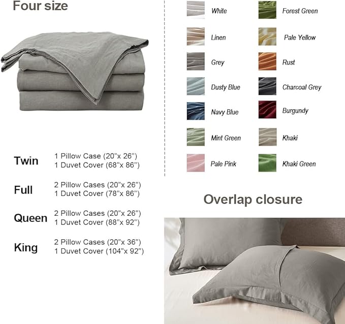 Simple&Opulence French Linen Duvet Cover Set 78" x 86"- 3 Pieces (1 Comforter Cover,2 Pillowcases)- Natural Flax Cotton Blend-Solid Color Breathable Farmhouse Bedding-Grey, Full