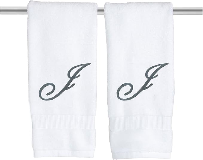 White Monogrammed Hand Towels for Bathroom - Luxury Hotel Quality Personalized Initial Embroidered Towel for Powder Room, Spa - GOTS Organic Certified - Set of 2 Dark Gray Letter J