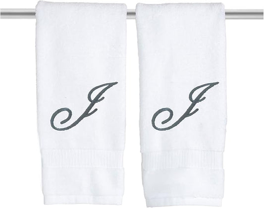 White Monogrammed Hand Towels for Bathroom - Luxury Hotel Quality Personalized Initial Embroidered Towel for Powder Room, Spa - GOTS Organic Certified - Set of 2 Dark Gray Letter J