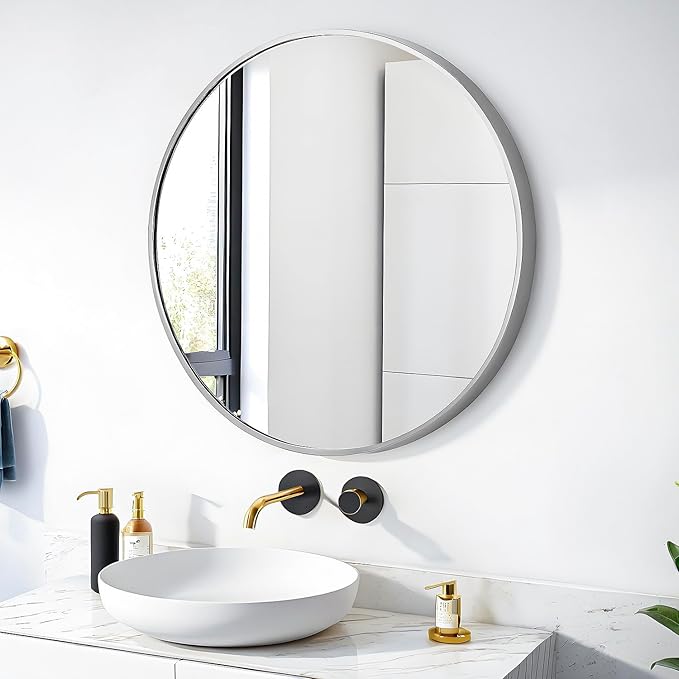 24" Round Mirror Circle Wall Mounted Hanging or Against Wall Aluminum Alloy Metal Frame Dressing Make-up Mirrors for Entryway Bedroom Bathroom Living Room 24 inch Silver