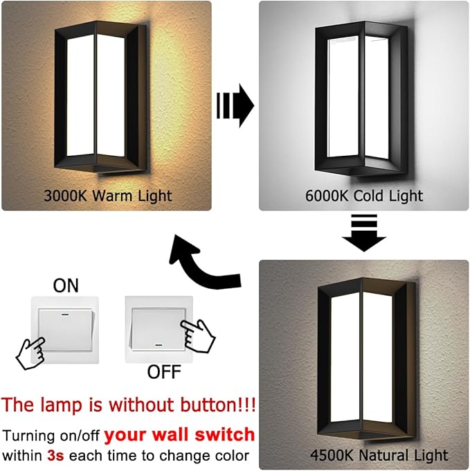 Sytmhoe Outdoor Wall Lights,2Packs Exterior Light Fixture,LED Wall Sconce 3-Color-Changeable Wall Mounted Lamps,Matte Black Porch&Patio Light Outdoor,IP65 Waterproof for Hallway Stairs Gardens