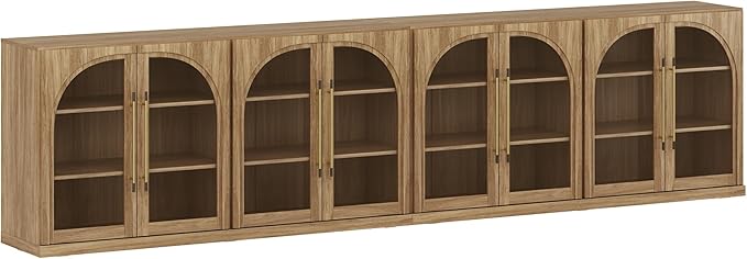 BELLEZE Set of 2 65" Arched Sideboard with Glass Door, Accent Buffet Cabinet with Storage and Adjustable Shelves, Classic Modern Large Console Table for Dining Room Living Room Entryway (Camel)