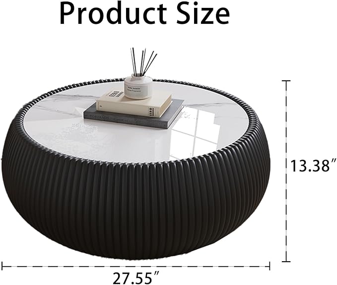 Black Round Coffee Table with Sintered Stone Tabletop, 27.55" Drum Coffee Table with Fluted PU Leather Covered and Stable Base, Circle Cocktail Tea Table for Living Room