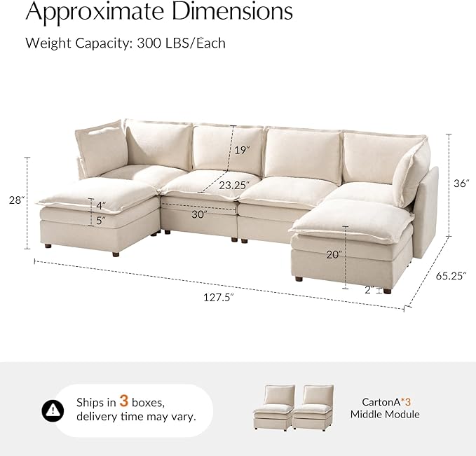 HULALA HOME 128'' Oversized Modular Sectional Sofa with Dual-Layered Cushions, U Shaped 6 Seater Couch with Storage Ottoman and Removable Cover, Modern Deep Seat Cloud Couch for Living Room, Beige