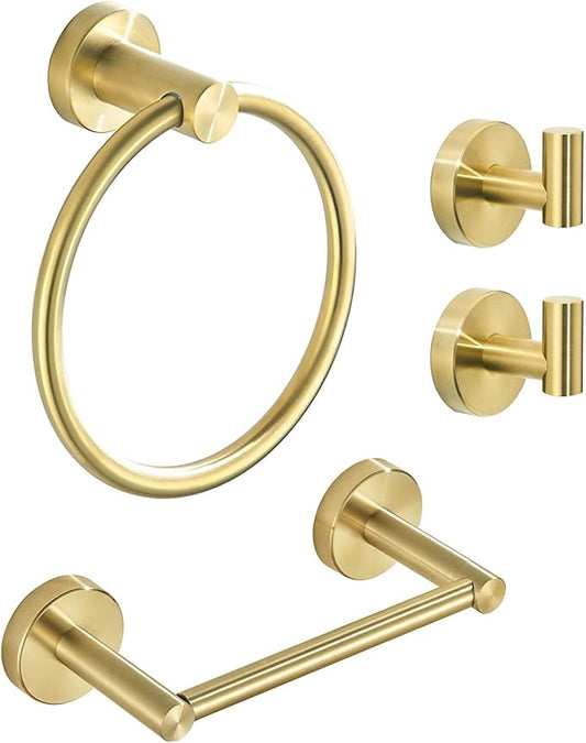 Gold Bathroom Hardware Set, Brushed Gold Toilet Paper Holder Towel Ring 2 Robe Hooks Wall Mount Hand Towel Holder Bath Accessories Stainless Steel, 4 Pieces