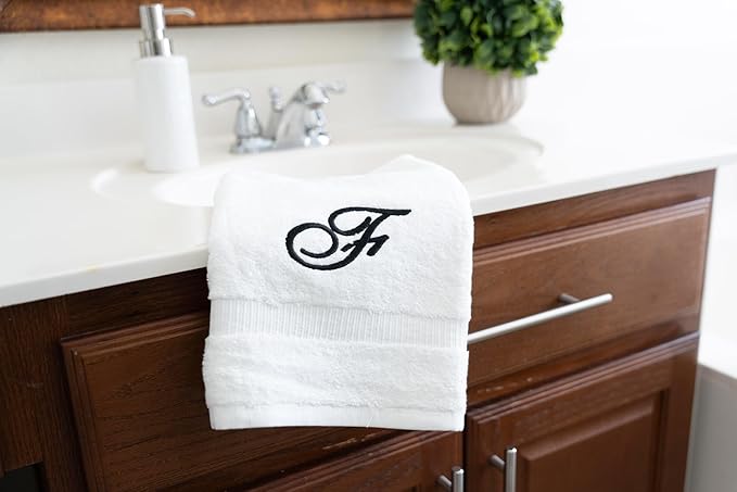White Monogrammed Hand Towels for Bathroom - Luxury Hotel Quality Personalized Initial Embroidered Towel for Powder Room, Spa - GOTS Organic Certified - Set of 2 Black Letter F