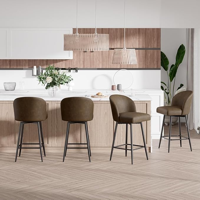 Counter Height Bar Stools Set of 4,360° Swivel Barstools with High Back and Metal Legs,26" Seat Height, Upholstered PU Leather Bar Chairs for Kitchen Island, Dining Room,Cafes,Dark Brown