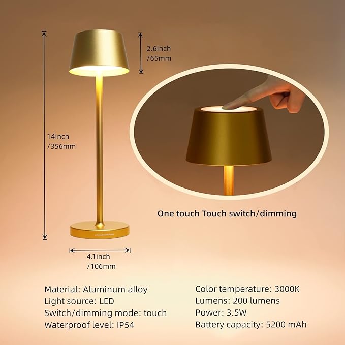 Rechargeable Table Lamp Set of 2,with Touch Dimming and IP54 Waterproof Function Desk Lamp,Suitable for Indoor and Patio Lighting Gold 2 Pcs