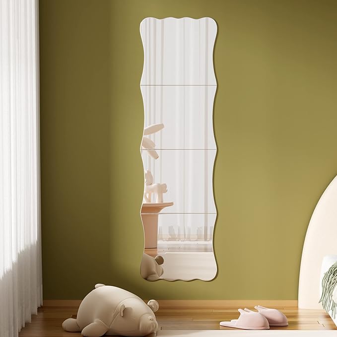 Wavy Full Length Mirror Shatterproof Acrylic Wall Mirror Tiles 47" x 14"(4 Pcs 12"x14"), Non-Glass Safety Body Mirrors for Baby Kids Playroom, Frameless Dorm Door Gym