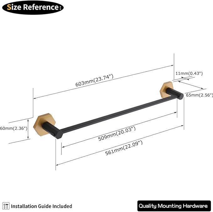GERZWY 24'' Bathroom Towel Bar Stainless Steel Towel Holder for Bath Kitchen Cabinet Heavy Duty Towel Rails, Black & Gold