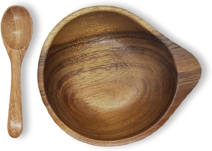 3¾" mini Acacia Wood Bowl with Tip-Supported Holding in small size for Condiments, Dip Sauce, Nuts, Candy, Fruits, Appetizer, and Snacks, Dia 3¾"x 1½" H - Set of 4 (FREE 4 Wood Spoons)