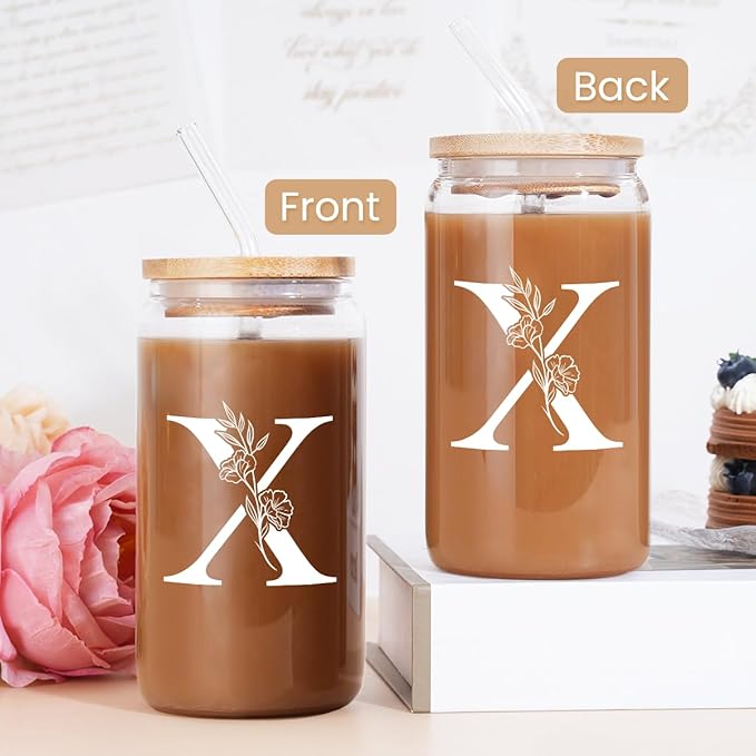 SANDJEST Monogrammed Gifts for Women - Monogram X Initial Glass Cup 16 Oz Can Coffee Cups with Lid and Straw - Monogram Initials Gifts for Womens on Birthday