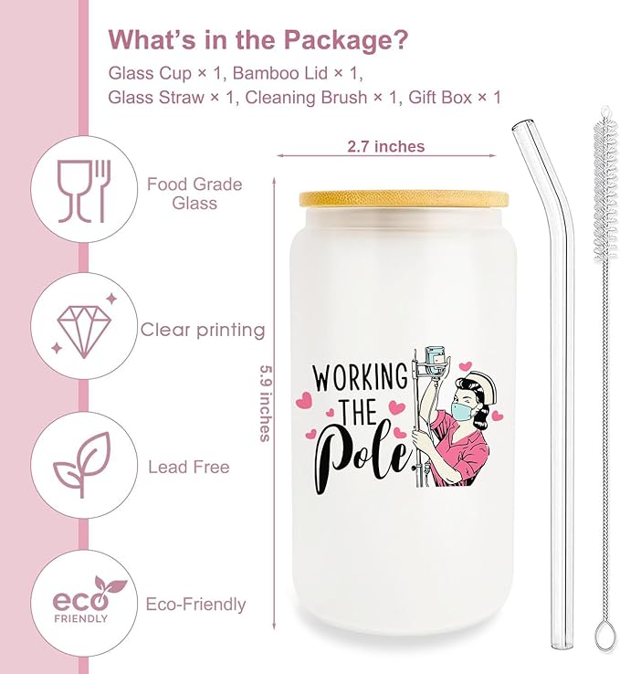 Funny Nurse Gift, Nurse Gifts for Women 16oz Glass Cup With Lid And Straw, Nurse Accessories for Work Nurse Supplies for Nursing Student Friends Sister Bestie Coworker Birthday