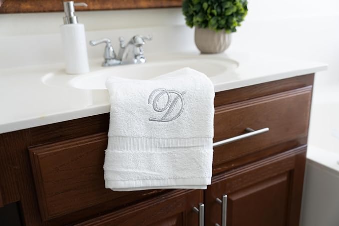 White Monogrammed Hand Towels for Bathroom - Luxury Hotel Quality Personalized Initial Embroidered Towel for Powder Room, Spa - GOTS Organic Certified - Set of 2 Silver Letter D