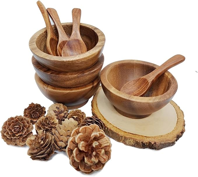 Set of 4 Small Round Acacia Wooden Bowls 2⅞ Inch Diameter With Spoons - Stackable Mixing Bowl for Salad Soup Snack Salsa Dip Sauce Charcuterie Wood Tableware Sets for Decor and Serving