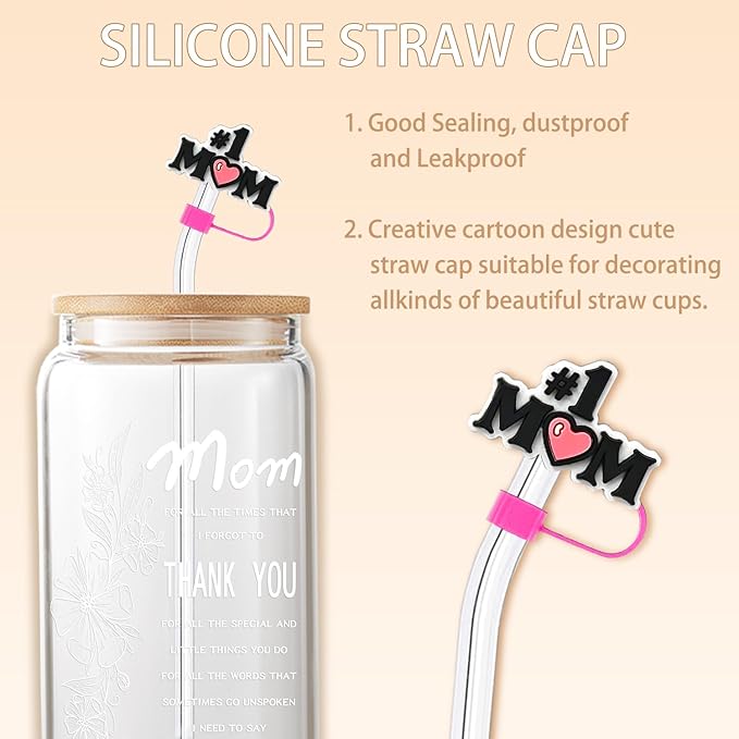 Gifts for Mom, Mothers Day Gifts from Daughter Son, 16oz Ice Coffee Glass Cup with Bamboo Lids, Straws, Birthday Present Ideas for Mom Wife Sister Friends - Including Straw Cap, Cozy Socks