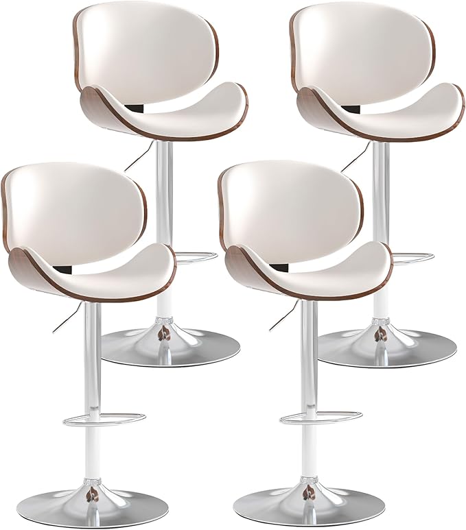 Adjustable Swivel Bar Stools Set of 4, Modern Bentwood Barstool with Large Metal Base and Footrest, PU Leather Upholstered Bar Chair with Curved Back for Kitchen Island Dining Room, White