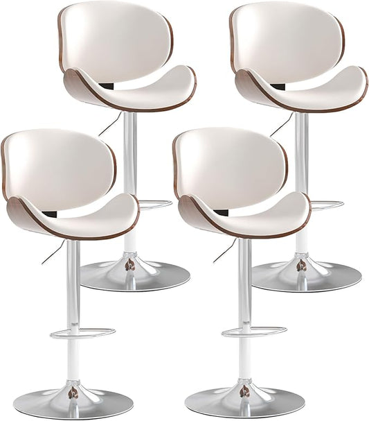 Adjustable Swivel Bar Stools Set of 4, Modern Bentwood Barstool with Large Metal Base and Footrest, PU Leather Upholstered Bar Chair with Curved Back for Kitchen Island Dining Room, White