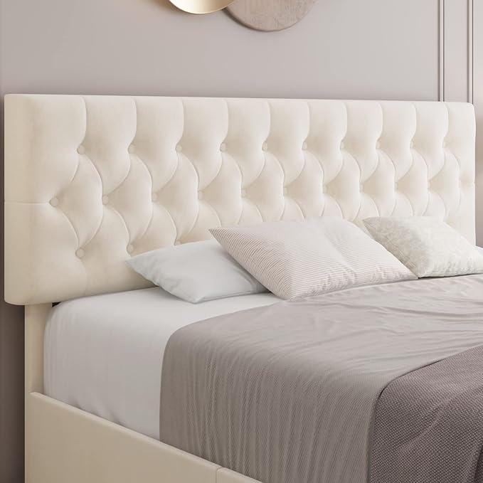 Keyluv Modern Upholstered Bed Frame with 4 Storage Drawers, Button Tufted Headboard Design, Solid Wooden Slat Support, Easy Assembly, Velvet, Beige, Full Size