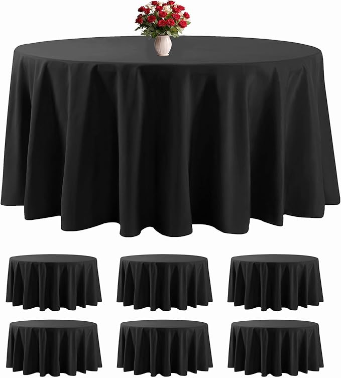 6 Pack Black Round Tablecloths 132 Inches Table Cloth Stain and Wrinkle Resistant Washable Polyester Table Cover Fabric for Party, Wedding,Dining,and Banquet Decoration