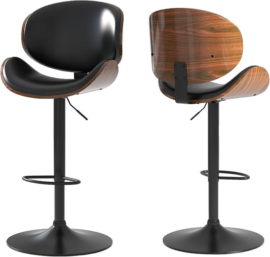 Adjustable Swivel Bar Stools Set of 2, Modern Bentwood Barstool with Large Metal Base and Footrest, PU Leather Upholstered Bar Chair with Curved Back for Kitchen Island Dining Room, Black