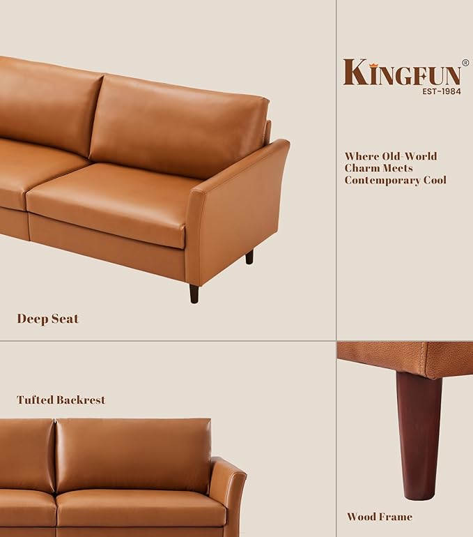 Kingfun Faux Leather 3 Seat Couch for Living Room, Mid Century Modern Sofa with Rolled Arms and Deep Seats, Fluffy Comfort for Apartment, Easy to Assemble, Mid Brown 80inch