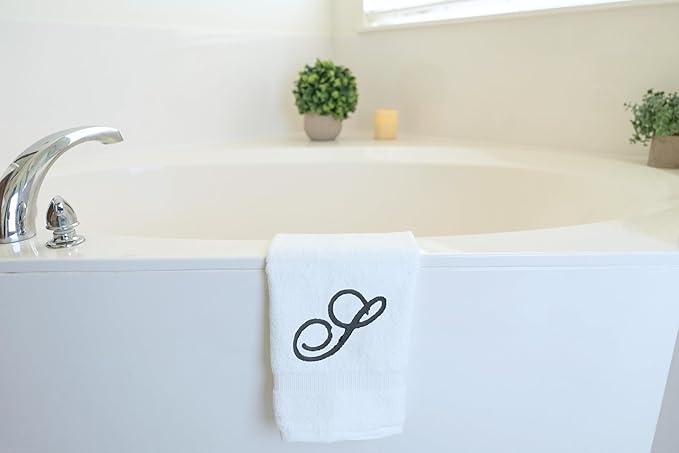 White Monogrammed Hand Towels for Bathroom - Luxury Hotel Quality Personalized Initial Embroidered Towel for Powder Room, Spa - GOTS Organic Certified - Pack of 2 Dark Gray, Letter S