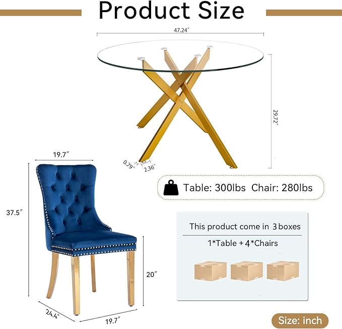 Goujxcy 5 Piece Round Glass Dining Table Set for 4, 47" Round Dining Table & Chair Set Modern Circle Glass Kitchen Table and 4 Velvet Upholstered Chairs for Kitchen Dining (Gold Table & Blue Chair)
