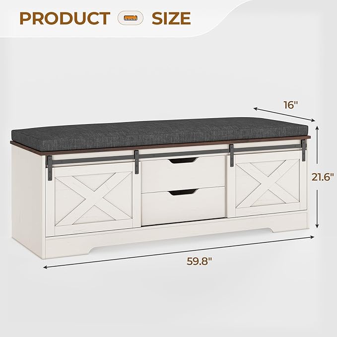 Farmhouse Storage Bench with Cushion, Shoe Rack with Slide Barn Doors, Adjustable Shelf and 2 Drawer for Entry, Bedroom, Closet, Living Room, Hallway (White Brown, 59.8 in)