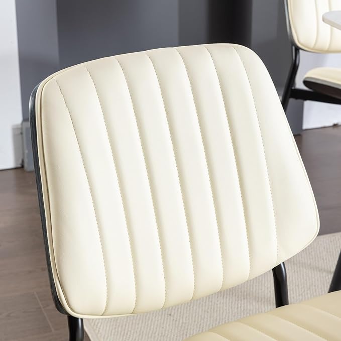 Dining Chairs Set of 8, Mid Century Modern Accent Dining Room and Kitchen Chairs, Upholstered PU Leather Vertical Stripe Chairs for Vanity with Walnut Bentwood and Metal Legs, Beige