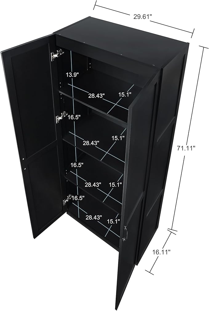 Manhattan Comfort Hopkins Modern Freestanding Storage Cabinet with 4 Adjustable Shelves & Soft Close Doors, Tall Multipurpose Organizer for Kitchen, Pantry, Garage, Mudroom, Set of 1, Black